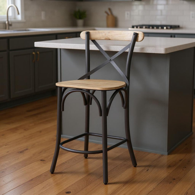 26" Natural and Grey Solid Wood and Iron Counter Height Bar Chair