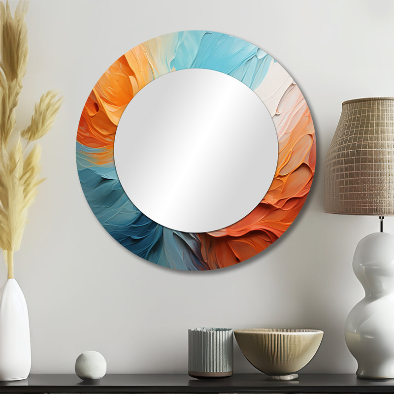 Teal Orange Bold Abstract Flow Collage I - Dams Decorative Wall Mirror, Modern Round Mirror, Printed Metal Art, 23" x 23"
