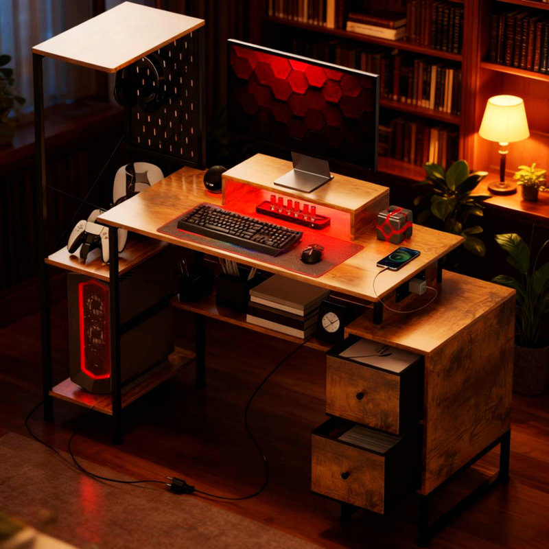 Computer Desk Table With Power Outlets And LED Lights For Home Office | Gift Idea, Rustic Brown/Black