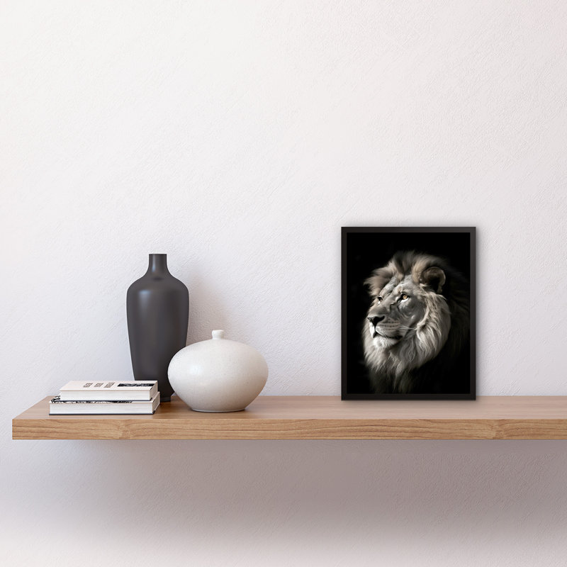 Meekah Lion Head Portrait Dramatic Strong Leo Dark Atmospheric Single Picture Frame Wall Art