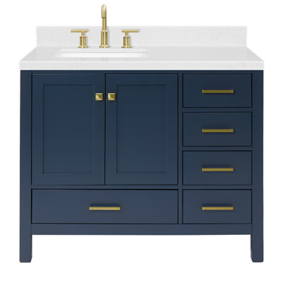 Cambridge 42'' Solid Wood Single Bathroom Vanity in Midnight Blue, with 1.5'' Carrara White Quartz Top, Left Offset, Rectangle Sink