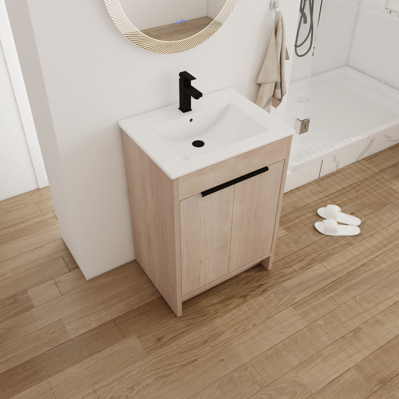 Rivanna 24.34 " W Freestanding Standard Free Standing 1 Single Vanity Bathroom Vanity With Ceramic Top, Light Oaken