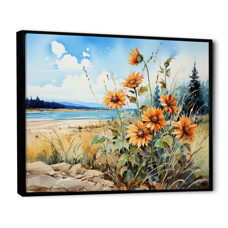 Tournesols sur la plage - Tournesols, art mural, Cadre flottant noir, H 34 po x l 44 po x P 1,5 po