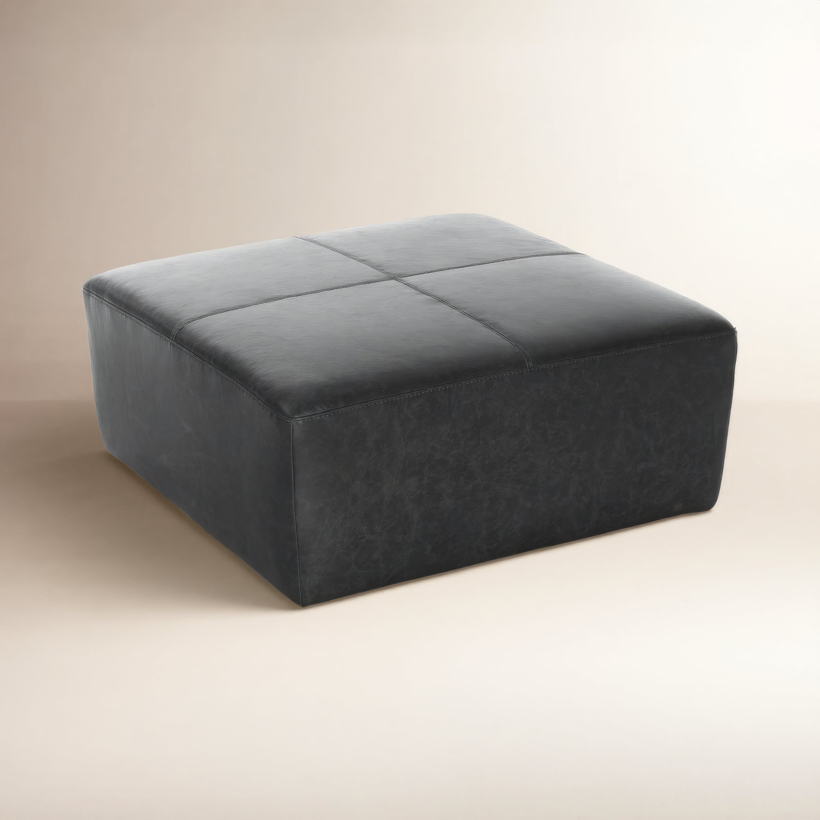  Hartwell 35" Square Genuine Leather Ottoman, Onyx Genuine Leather