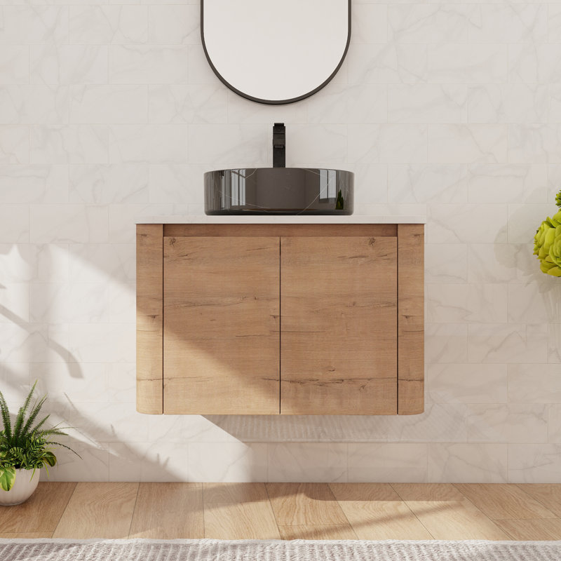 30'' Single Floating Bathroom Vanity With Ceramic Art Sink, Wall Mounted Bathroom Vanity With 2 Soft Close Doors