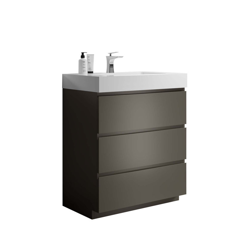Meuble-lavabo autoportant en noyer avec lavabo, grand meuble-lavabo autoportant pour salle de bain moderne, lavabo une pièce sans drain ni robinet, pré-assemblé