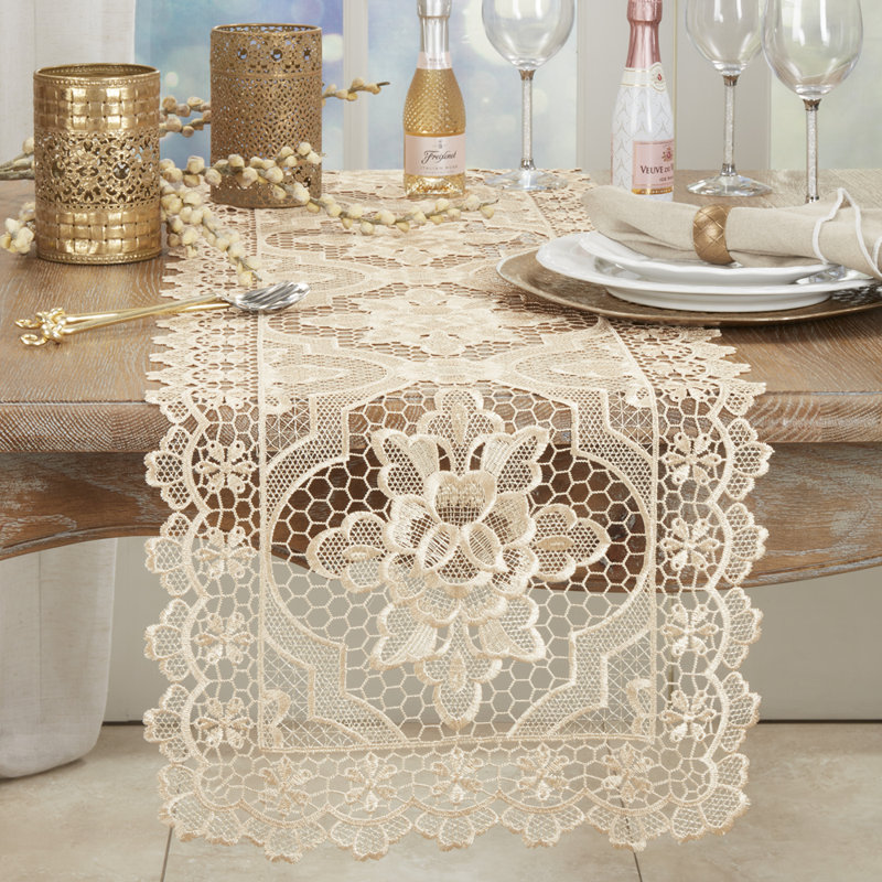 Ecru Elegant Quatrefoil Lace Table Runner 15" W X 66" L