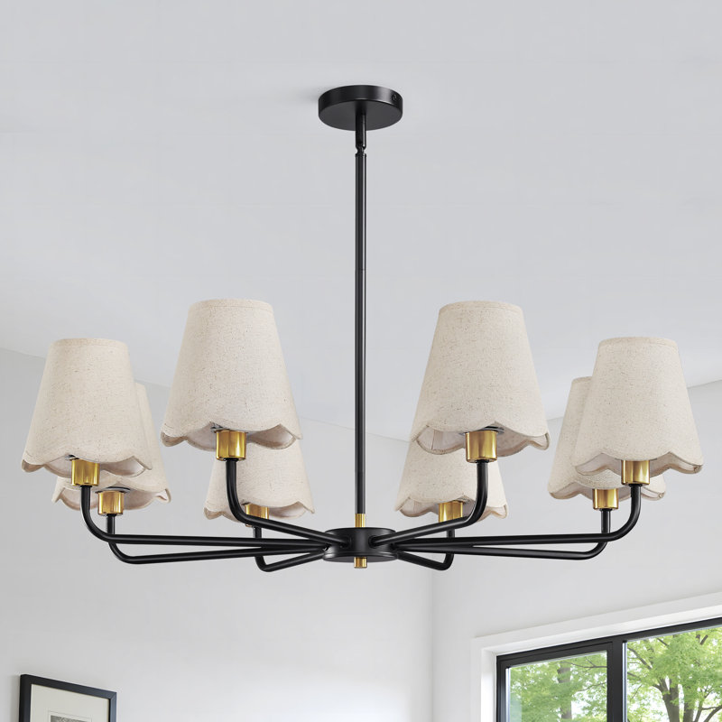 8-Light Modern Dimmable Chandelier With Fabric Shades, Matte Black/Gold