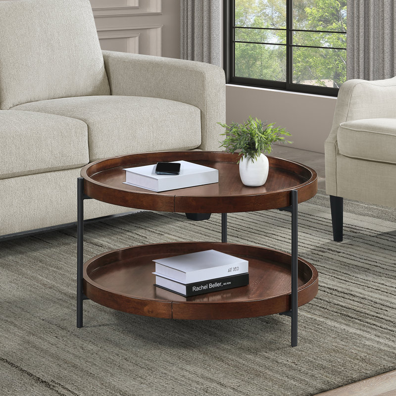 Leroy Round Coffee Table with Shelf, Dark Brown