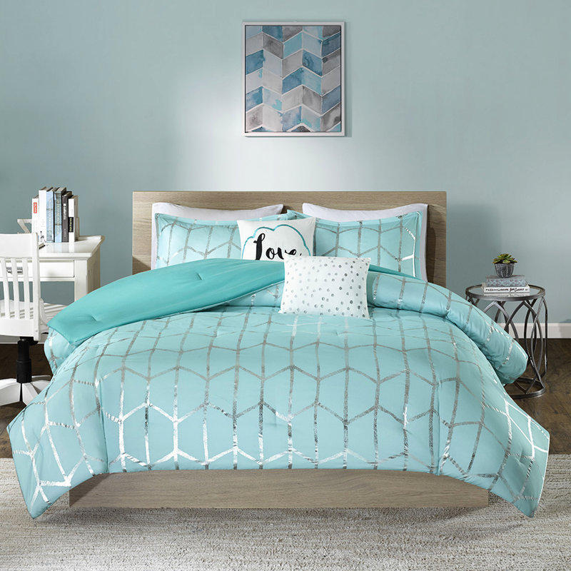Édredon double / grand avec base et ornements métalliques argentés avec appliques, Aqua / argenté