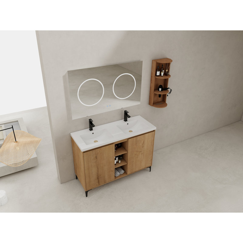 Meuble-lavabo moderne double, contreplaqué durable, style contemporain, parfait pour une salle de bain spacieuse