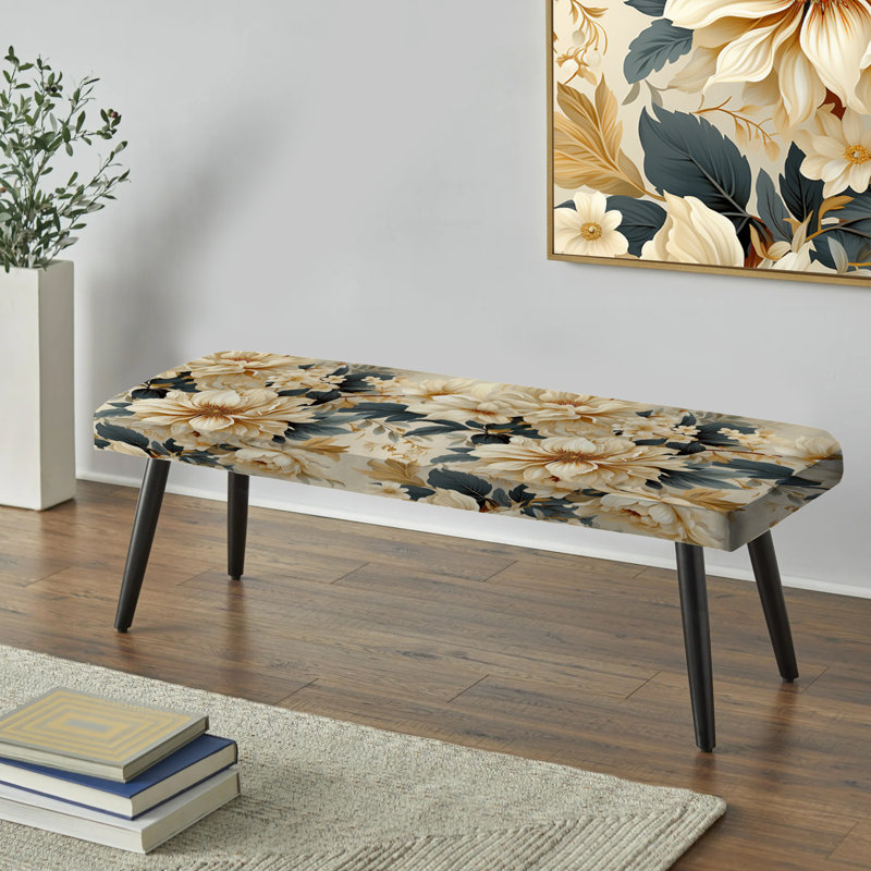 Motif de pivoines beiges rétro chic - Banc rembourré floral noir