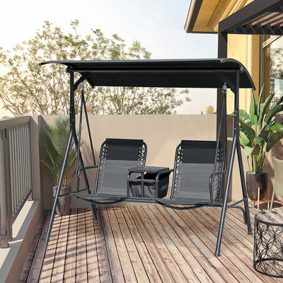 Balancelle de patio 2 places, balançoire à baldaquin d'extérieur avec table de rangement pivotante, porte-gobelet, abat-jour réglable, siège de suspension et structure en acier résistant aux intempéries