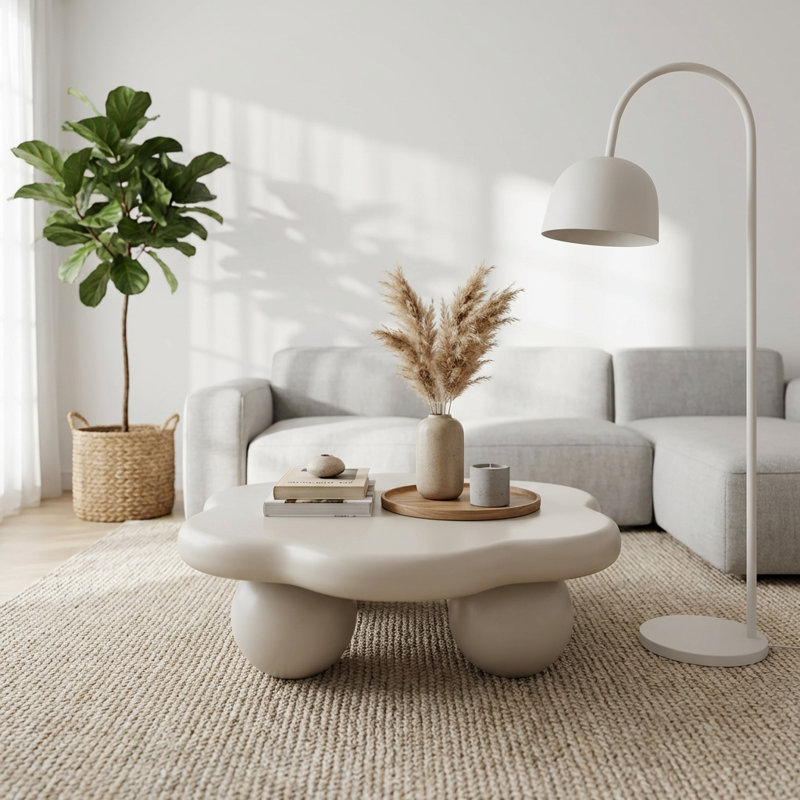 Table basse moderne en forme de nuage avec pieds sphériques pour les salons contemporains et les petits espaces, Blanc, Blanc
