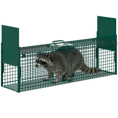 39 po x 10 po x 11 po vert acier pliable cage de piège à animaux simple / double avec gâchette et poignée pour ratons laveurs petits renards