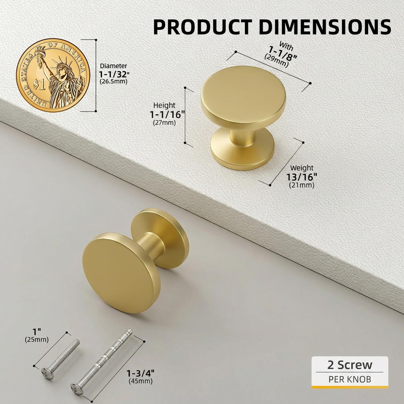 Lot de 30 boutons de meubles en laiton brossé, ronds et dorés, poignées de tiroir pour meubles de cuisine, en alliage de zinc massif, pour salle de bain et commode.