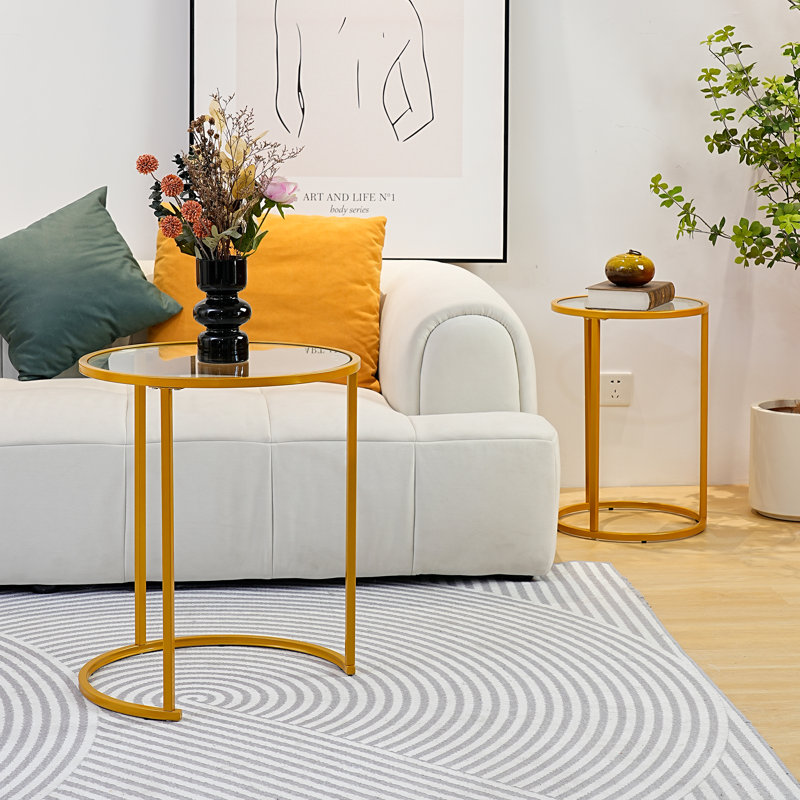 Ryett 2 End Tables with Metal Base Round Table with Tempered Glass Tabletop, Gold