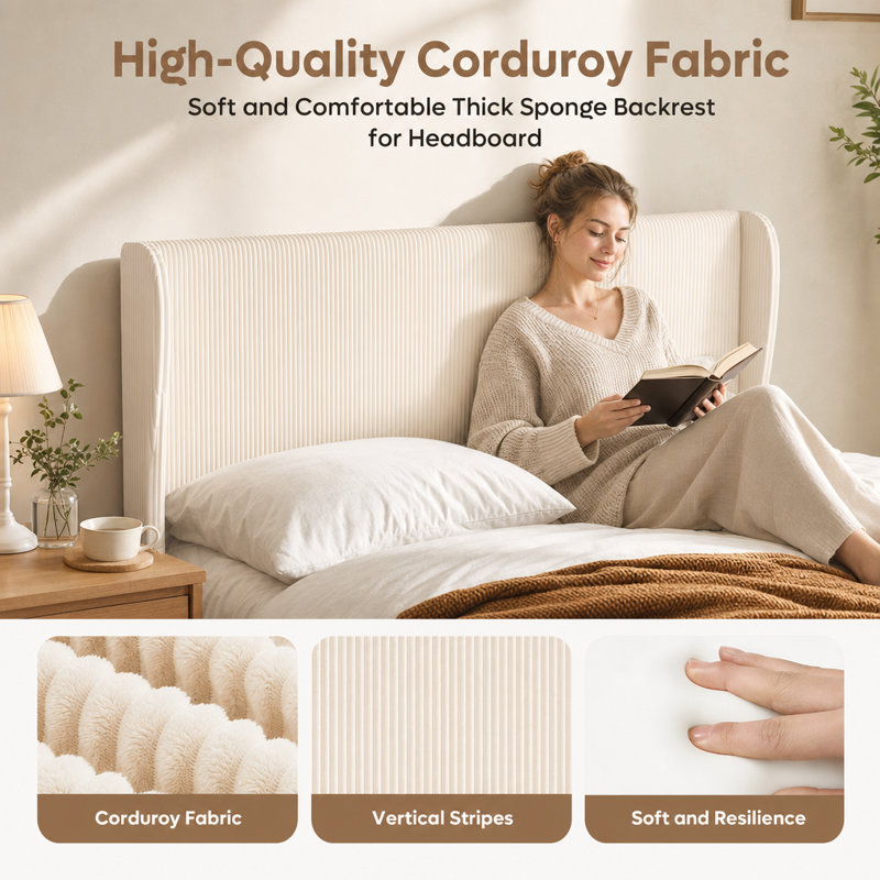 Aadi Full Size Corduroy Upholstered Platform Bed Frame with Channel Tufted Wingback Headboard — No Box Spring Needed, Space-Saving Design for Small Bedrooms & Apartments