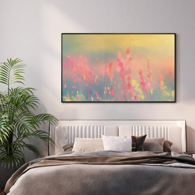 Extra Large Wall Art Fabric Print - Dreamy Pastel Wildflower Landscapel Illustrations Artwork Decor for Living Room or Bedroom - "Frame Assembly Required (Unfinished Frame)"