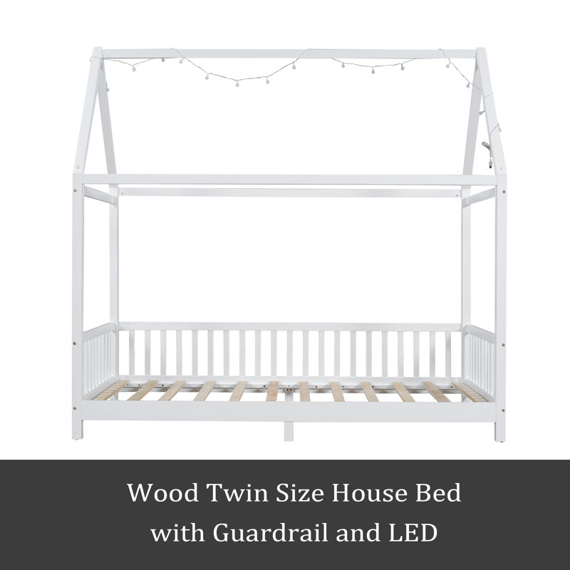 Wood House Bed With Guardrail And LED, Twin