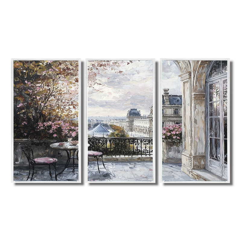 «Rose Parisian Elegance Louvre Musee - City Paris», ensemble de reproductions d'art mural, Toile avec cadre flottant blanc