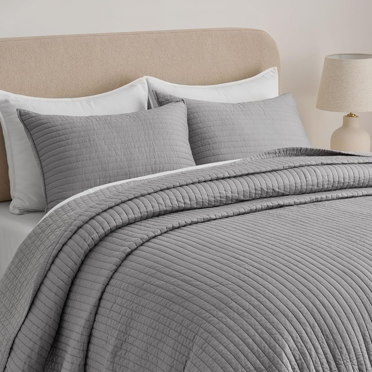 Cotton Sateen Quilt Set, King Quilt + 2 King Shams, Fog Gray