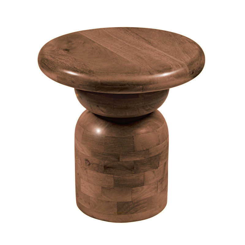 Round Mango Wood Accent Table with Stacked End Grain Base, Walnut
