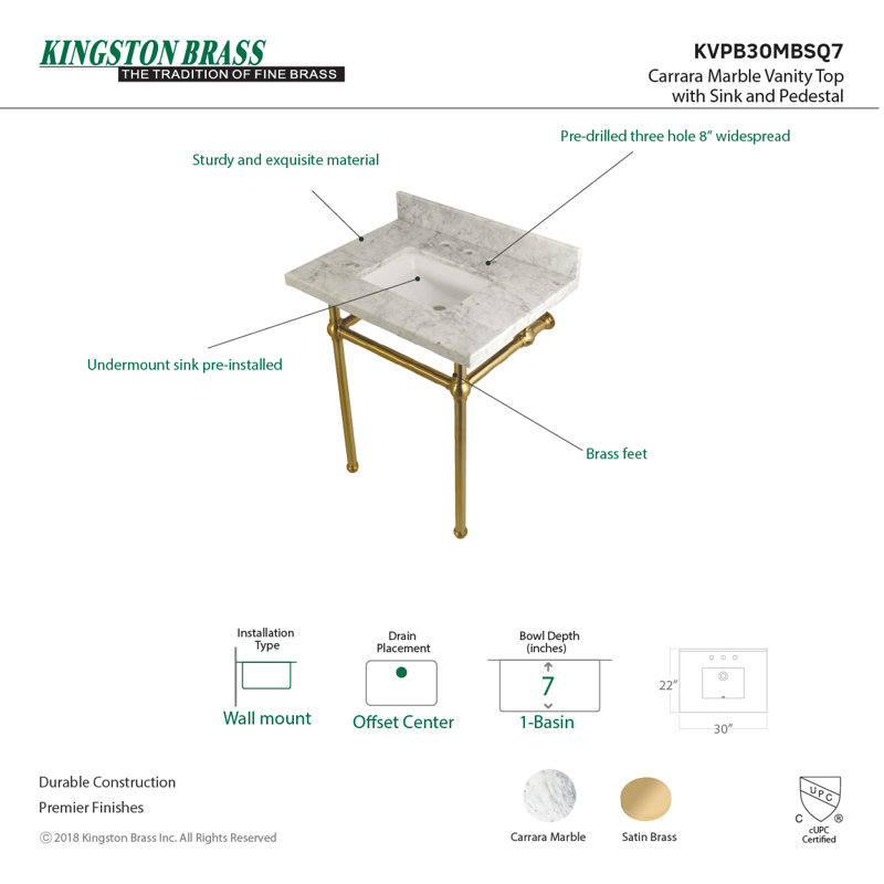 30-Inch Carrara Marble Vanity Top with Brass Legs