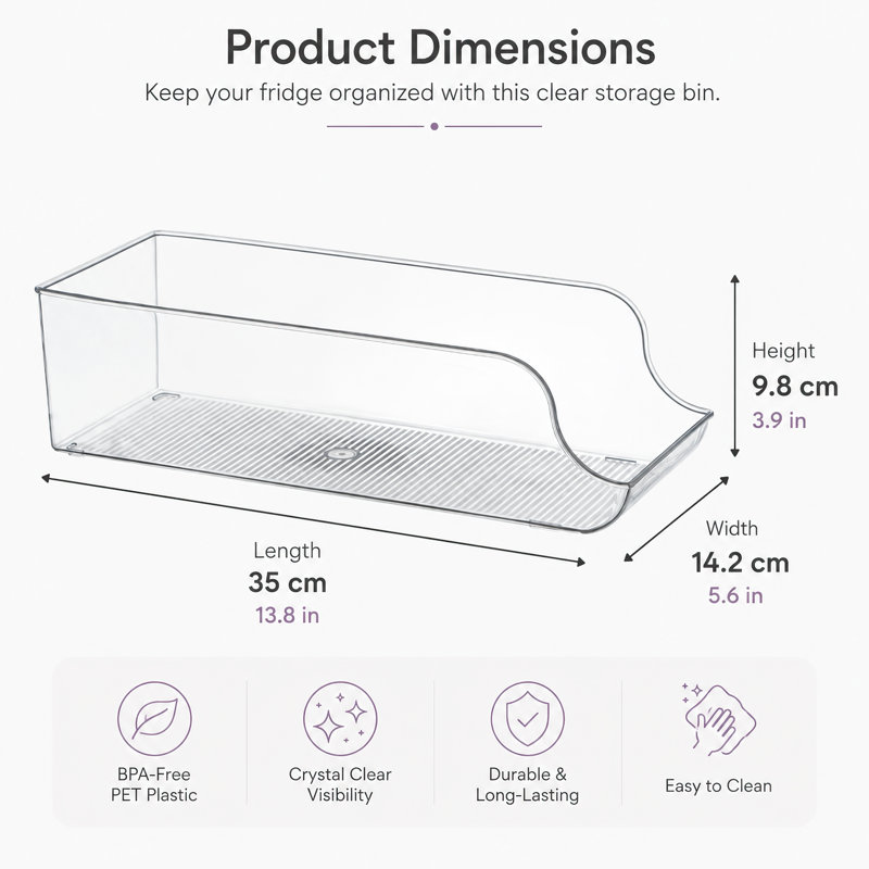 Clear PET Plastic Refrigerator Organizer Bin, Stackable Storage Container for Fridge, Pantry, Kitchen