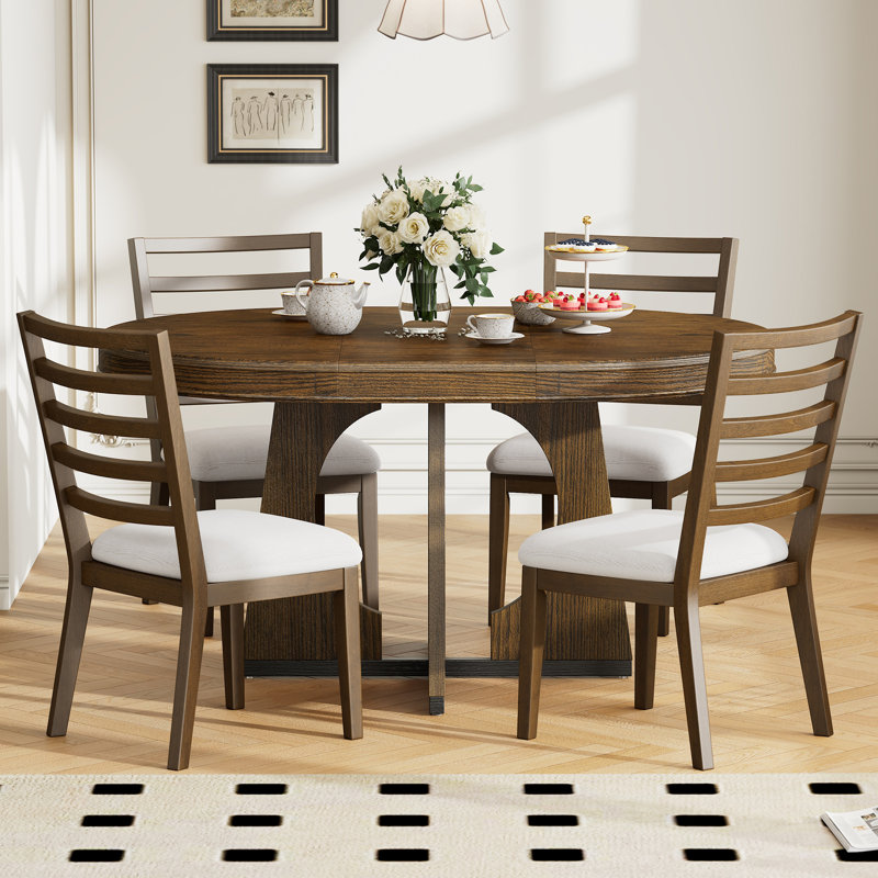 Hervey 5-Piece Retro Rustic Functional Dining Set Unique Geometric Design,Round Table Top with Leaf,dinning table set, Walnut