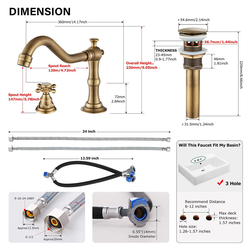 8 inch 2 Handles 3 Holes Widespread Bathroom Sink Faucet Bathroom Vanity Faucet Basin Mixer Tap Faucet Matching Pop Up Drain with Overflow