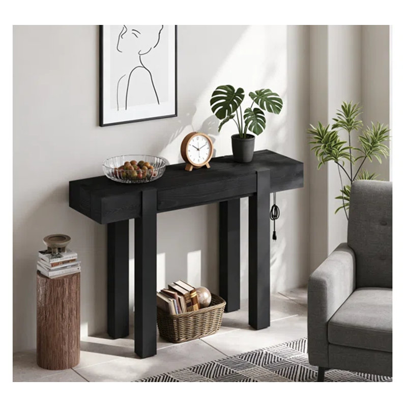 Rustic Minimalist Petya with Hidden Drawer and Built-in Power Outlet for Modern Living Spaces., Black