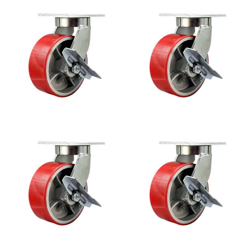 Ensemble de roulettes robustes en poly sur fonte 4 freins 2 verrous pivotants
