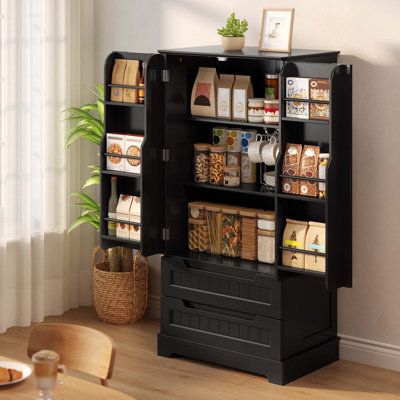 Garde-manger avec portes d'armoire de style réfrigérateur, 2 grands tiroirs et poignées encastrées pour la cuisine ou le salon