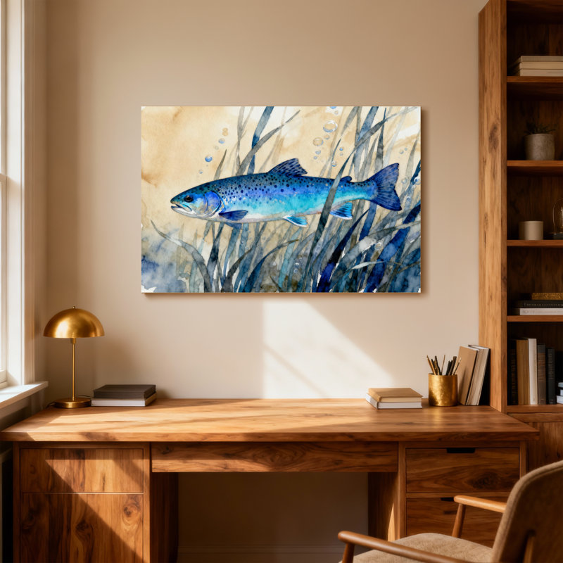 Animals Watercolor Trout Fish Aquatic Reeds Underwater Scene, 16" H x 24" W