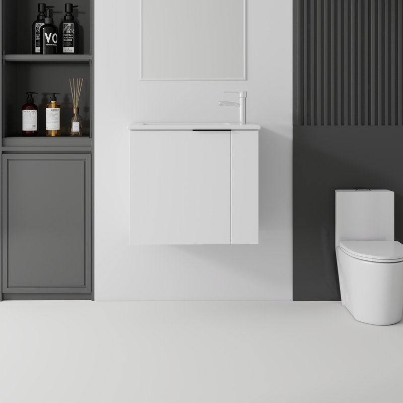Meuble-lavabo flottant 22 po avec lavabo, porte à fermeture en douceur, lavabo en céramique, contreplaqué, Blanc