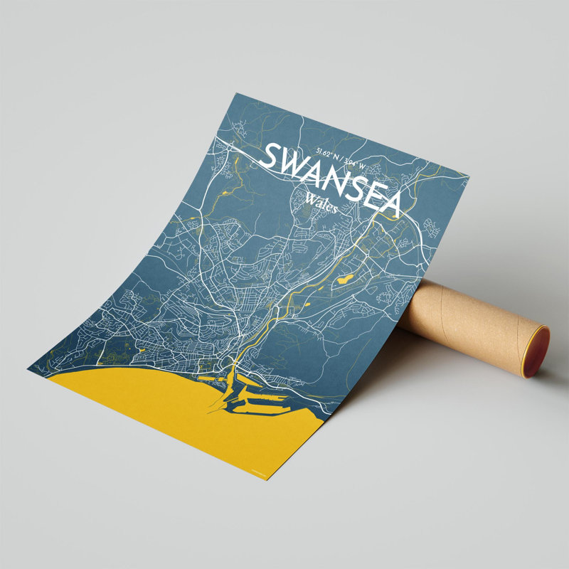 Swansea City Map, impression, H 20 po x l 16 po, Bleu / jaune