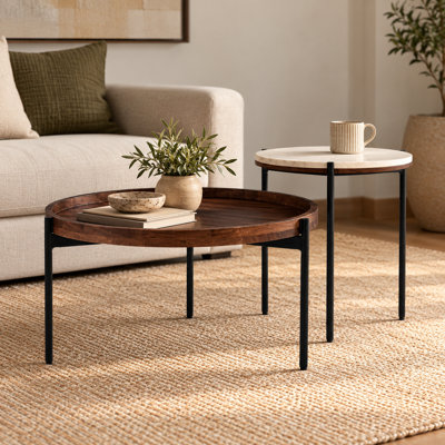 Coffee Table | Wood & Marble Top Coffee Table | Set of 2 | Living Room Decor