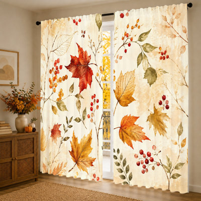 2Pcs Fall Leaf Curtains, Light Filtering Fabric, Vintage Autumn Maple Berry Print, Sunshade and Privacy Protection Drapes, Rod Pocket Design, for Living Room, Bedroom, Balcony, Kitchen Home Decor