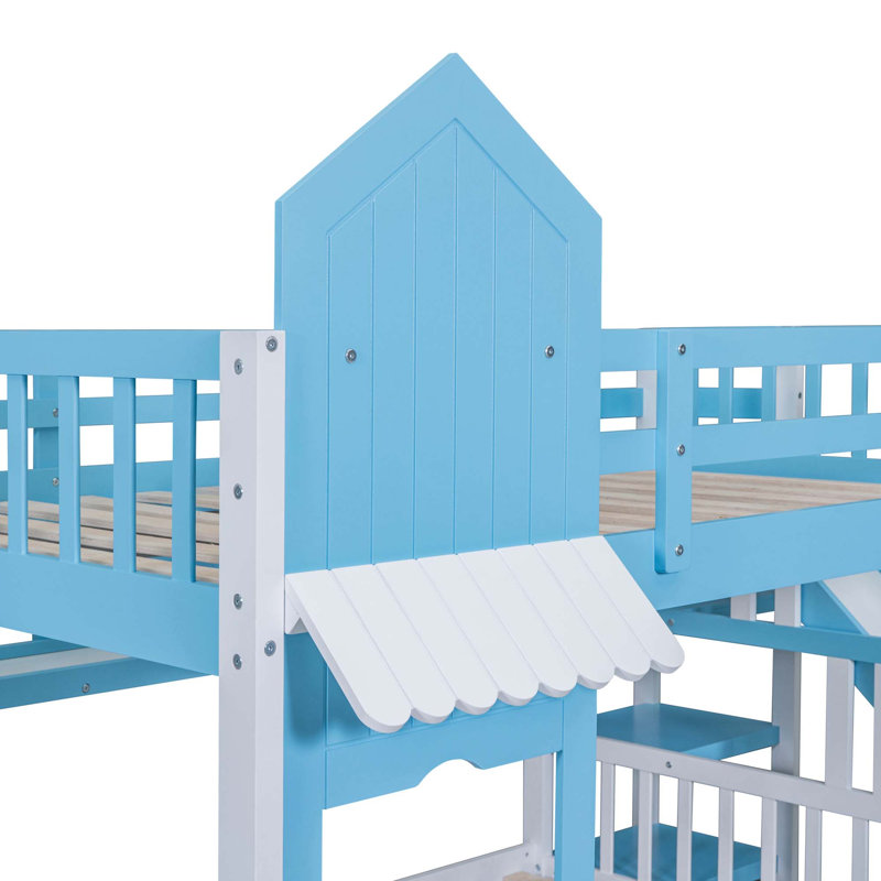 Hatina Kids Castle Style Storage Bunk Bed with Slide and Stairs, Full over Full, Blue