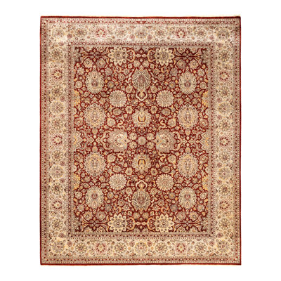 Tapis brun clair / ivoire / rouge noué à la main de conception unique 8 pi 3 po x 10 pi 5 po Keller