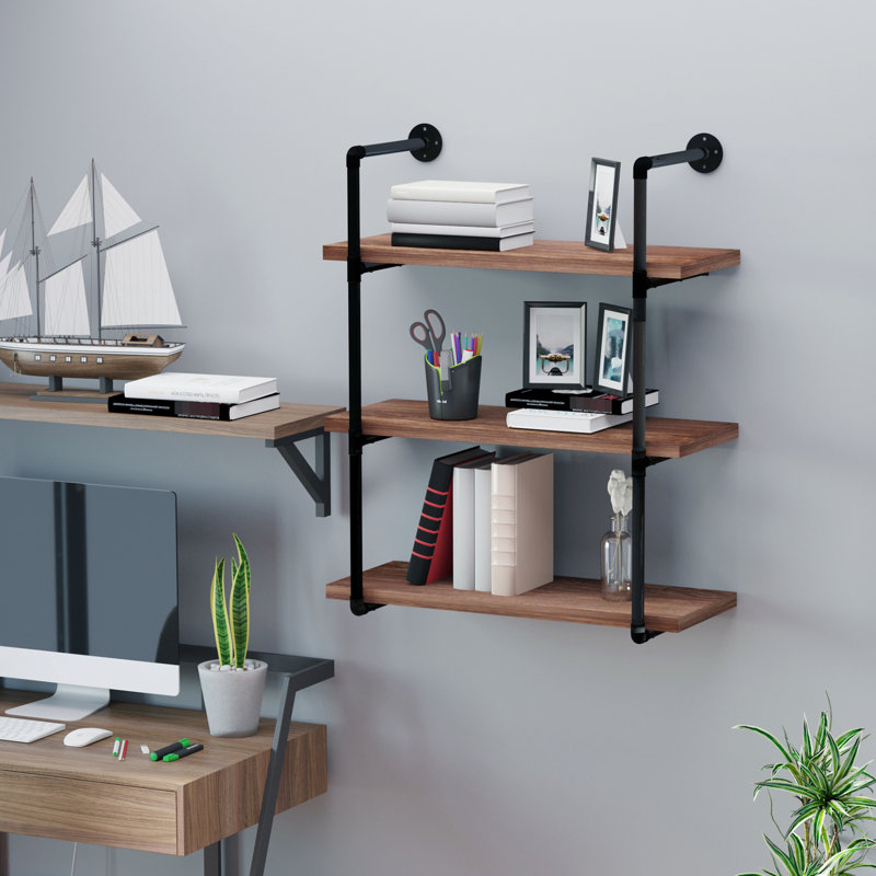Étagère rustique 3 tuyaux rustique brun, étagère murale pour chambre à coucher, salon. Gain de place. Peut contenir des livres, des plantes. Décor polyvalent. L 31,5 po x P 11,75 po x H 37,5 po. Capacité de 33 lb par tablette