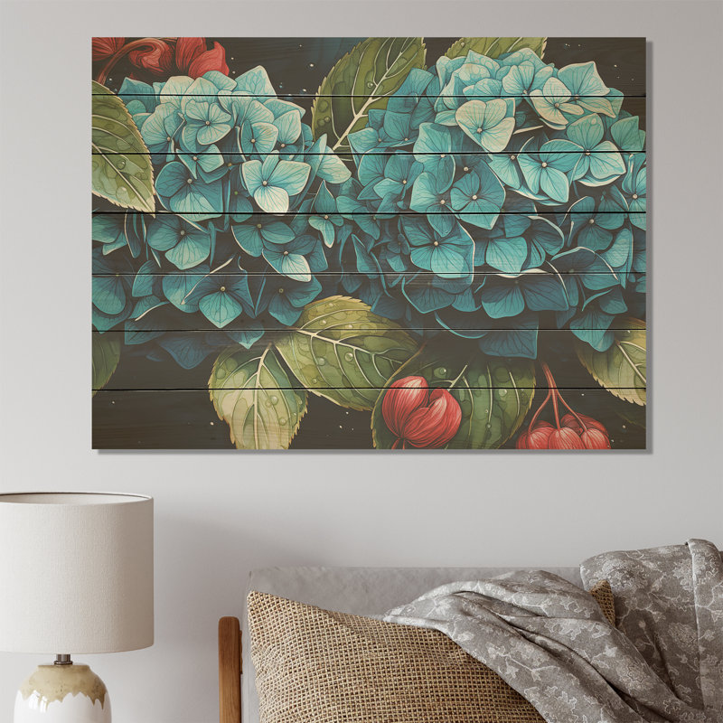 Harmonie d'hortensias bleus - hydrangées sur bois, H 10 po x l 20 po