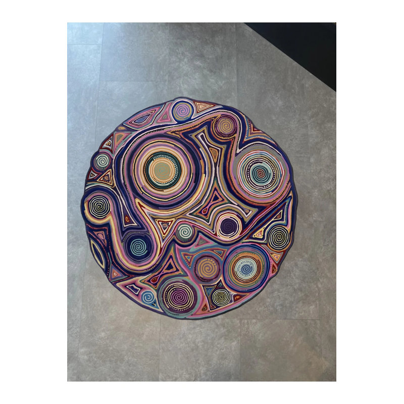 Multicolored Surrealist Geometric Patterned Modern Woven Base Round Decorative Carpet, Round 2'8"