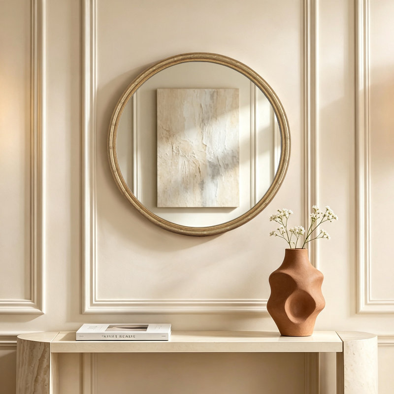 Bamboo Textured Round Wall Mirror, 24"