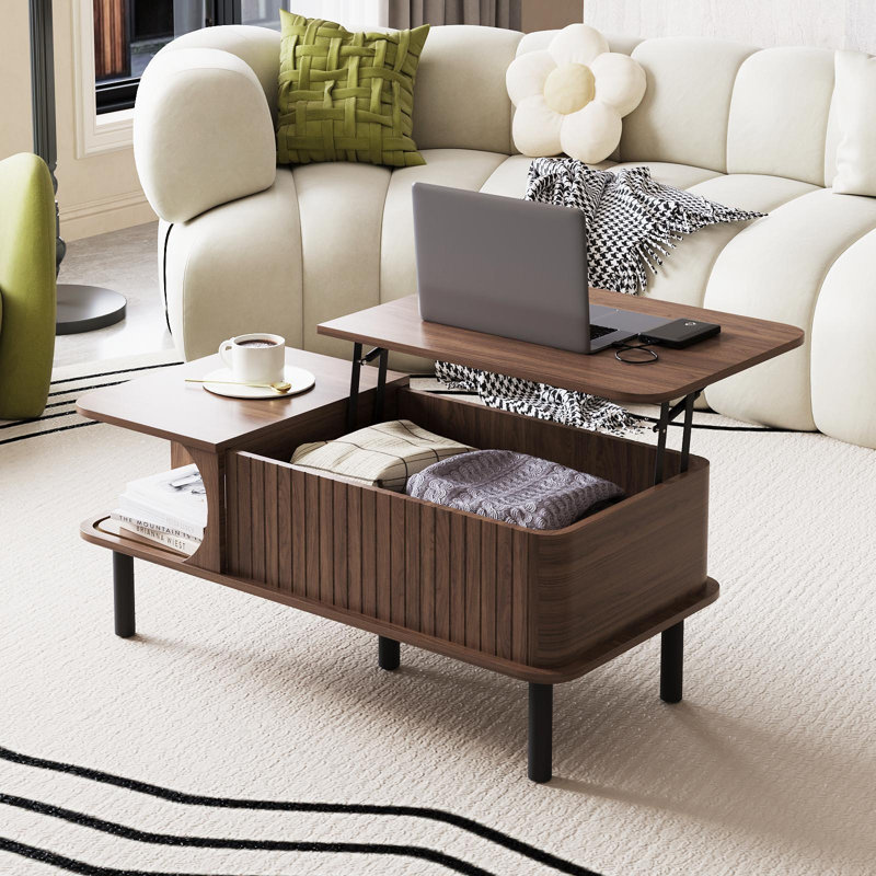 39" Lift Top Coffee Table, Fluted Modern Rectangle Center Table With Hidden Storage Space, Wood Living Room End Table With Sliding Door, For Home Office, Small Space