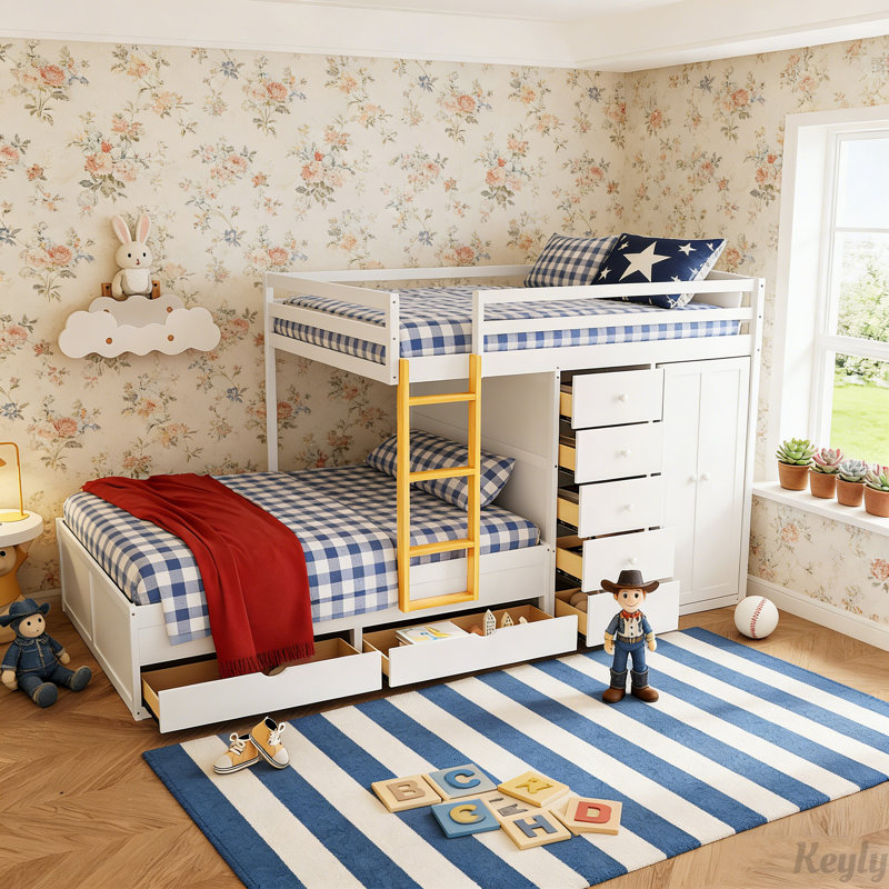 Lit double avec tiroirs multiples et mini garde-robe, panneau de fibres à densité moyenne et bois massif, conception de rangement moderne pour les enfants et les adolescents