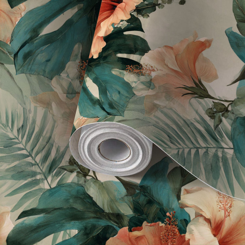 Papier auto-adhésif à peler et coller avec aquarelle Hibiscus Monstera, L 117,6 po x l 22,8 po