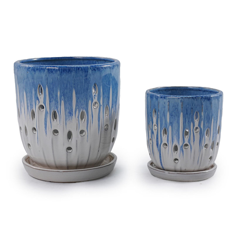 Ceramic Flower Pot Set with Drainage Holes (2-Piece Set), 8-Inch Modern Planters for Patios, Gardens, and Windowsills - White and Blue Color Scheme