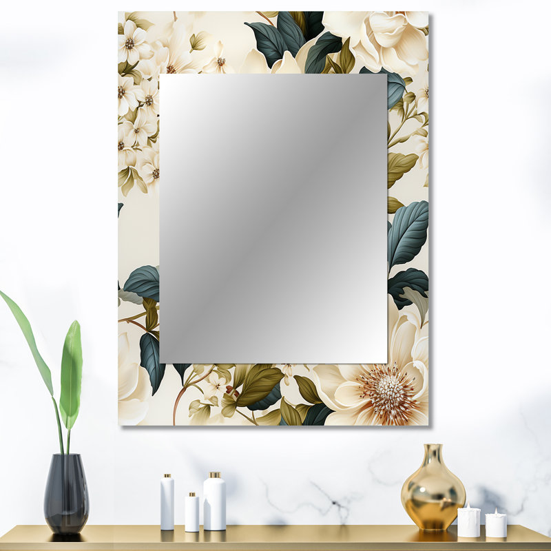 Afsaar crème délicat coquelicots fleurs - miroir mural floral, miroir décoratif floral, impression d'art en métal